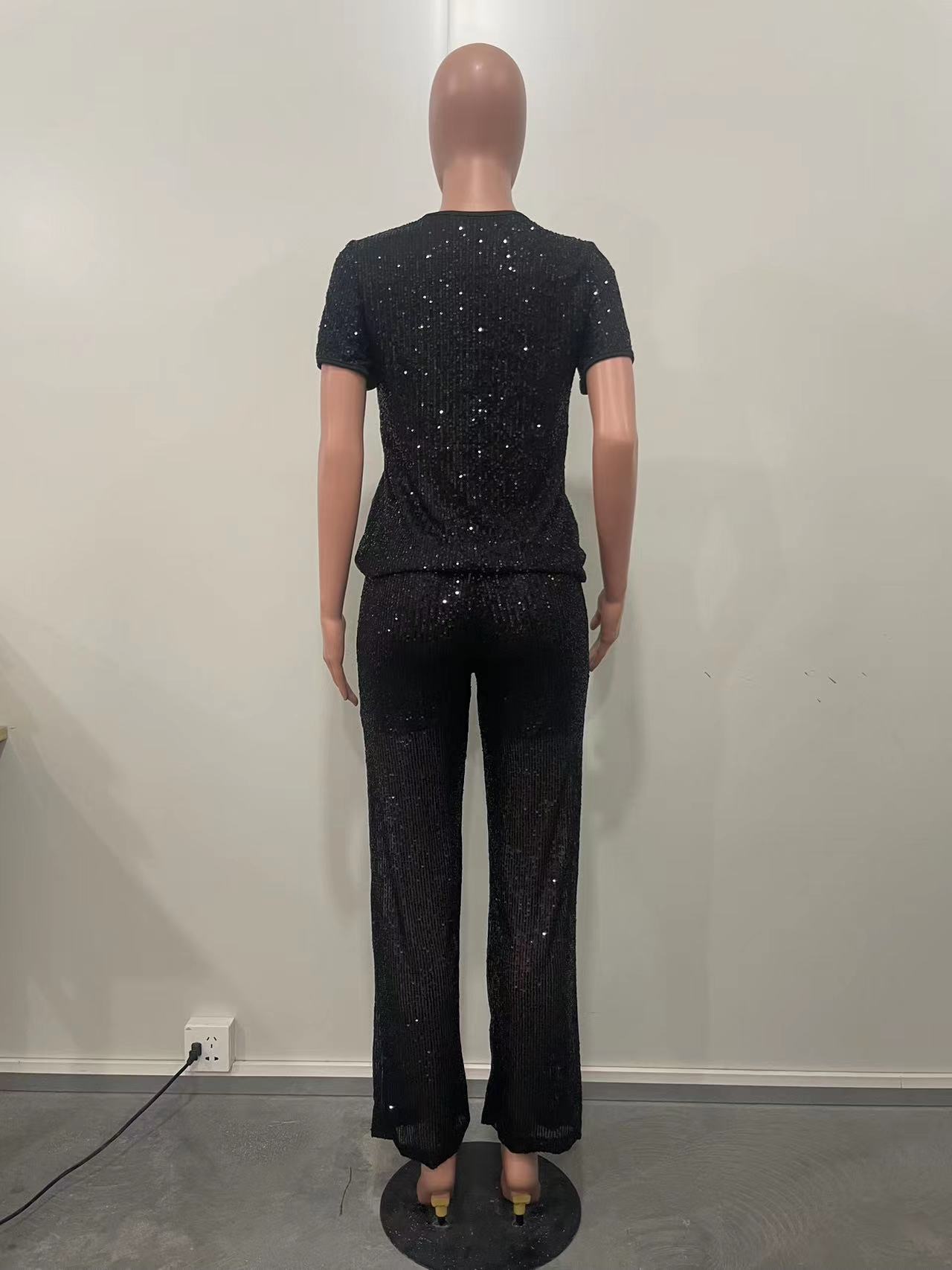 Women Spring Summer Sequin Solid Short Sleeve Top and Pants Two-piece Set