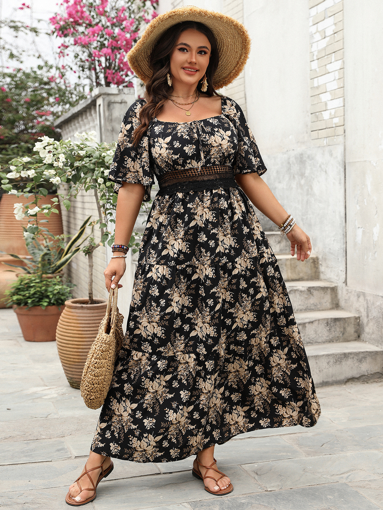 Spring Square Neck Print Plus Size Short-Sleeve Dress