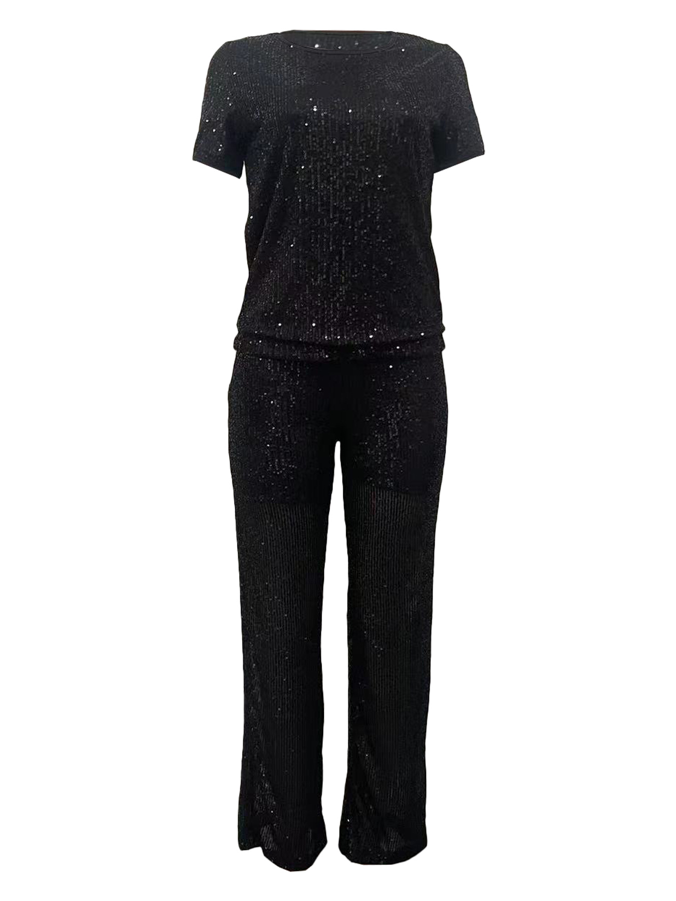 Women Spring Summer Sequin Solid Short Sleeve Top and Pants Two-piece Set