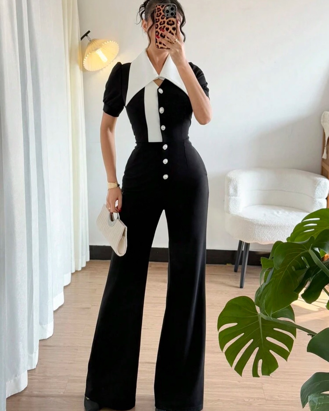 Women Fashion Contrast Sleeveless Button Jumpsuits