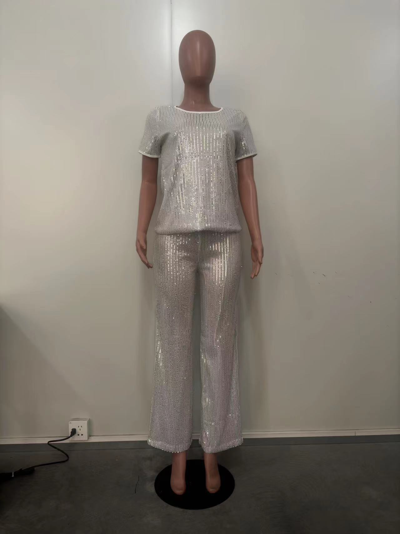 Women Spring Summer Sequin Solid Short Sleeve Top and Pants Two-piece Set