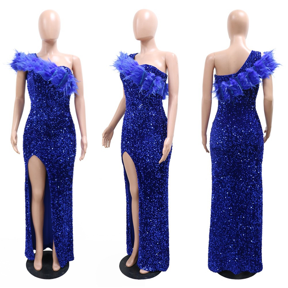 Feather Sequin Slit Slash-Shoulder Formal Party Long Dress