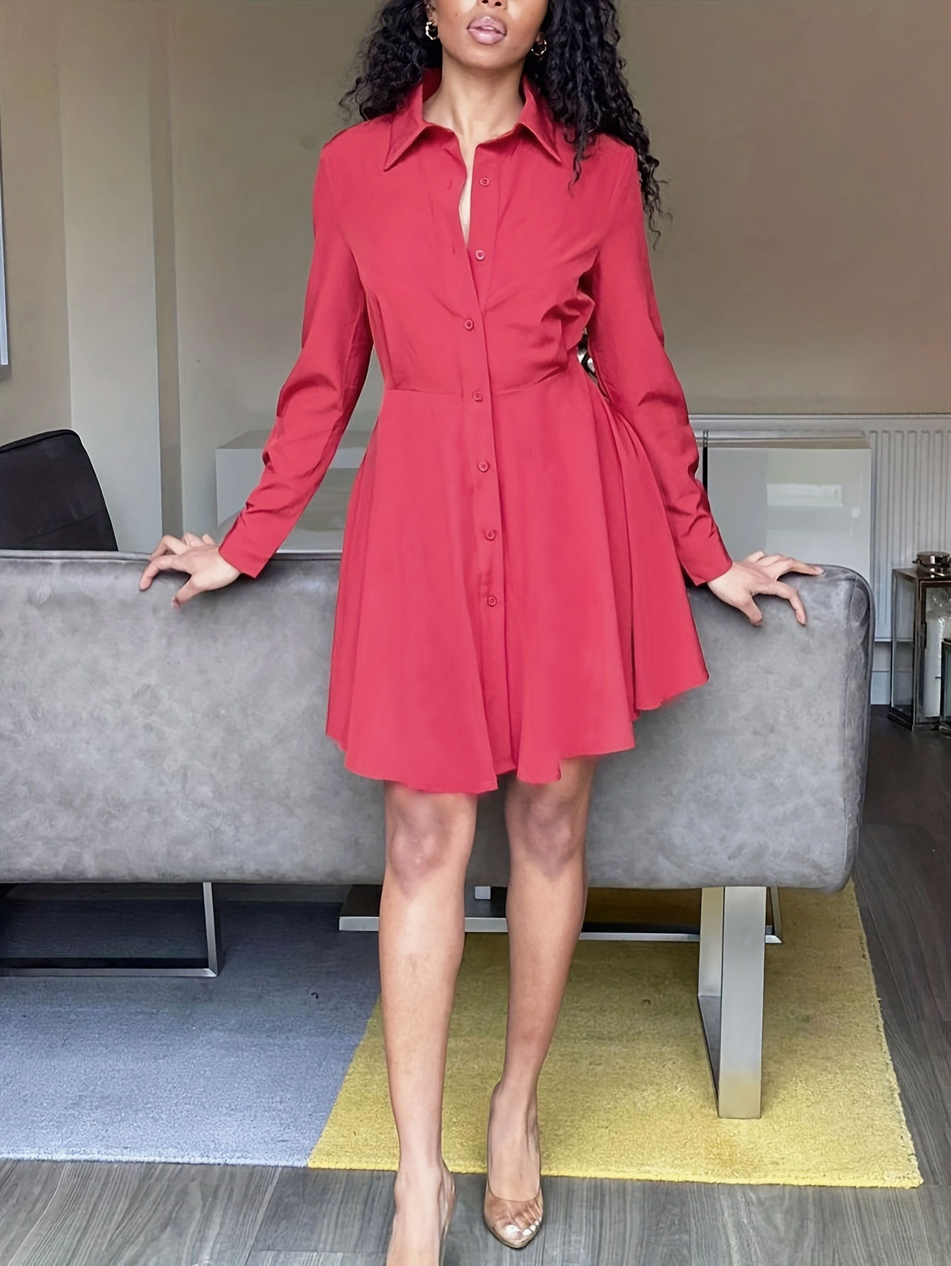 Women Spring Casual Red Long Sleeve Shirt Dress