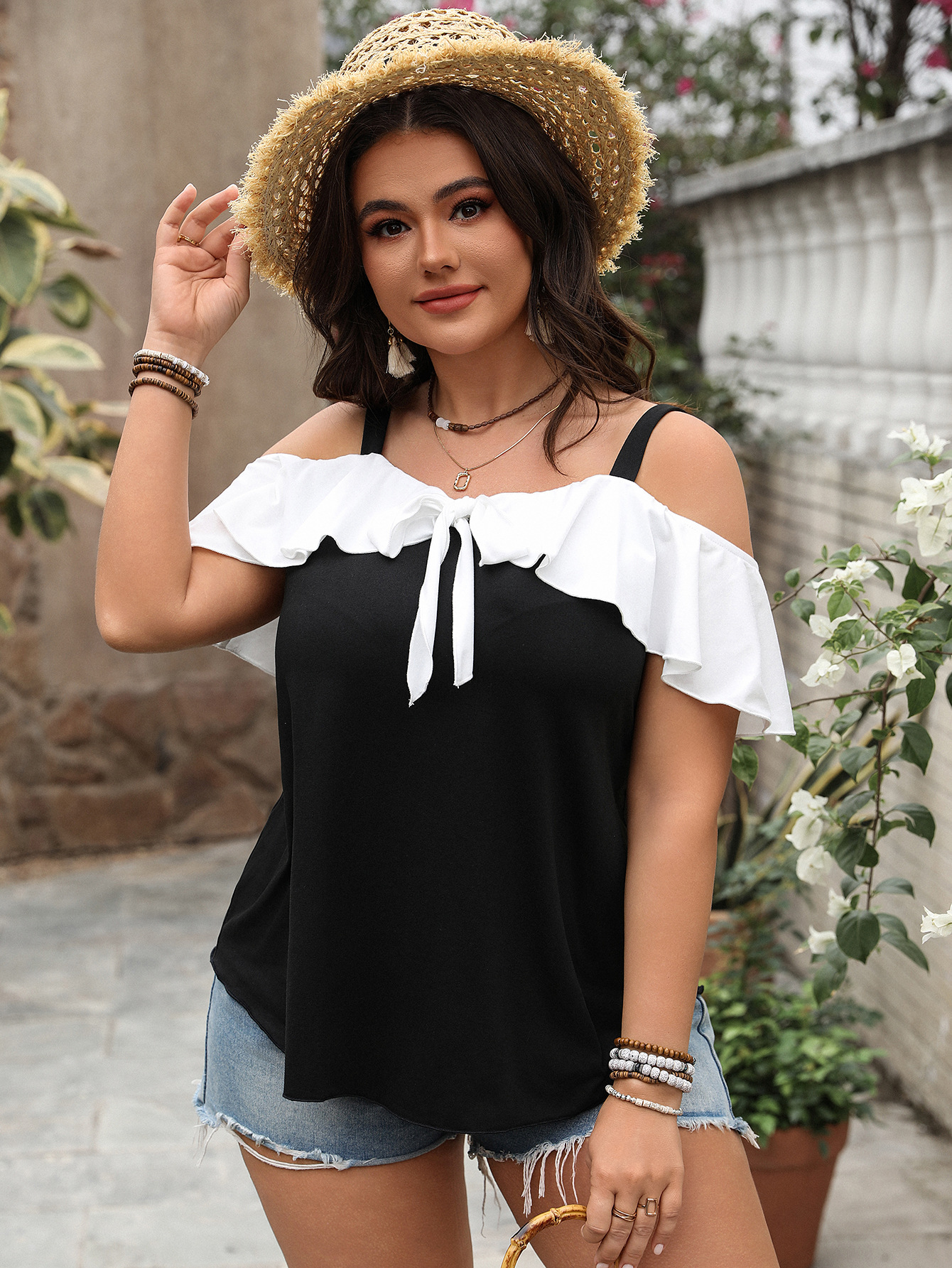 Spring Plus Size Women's Off-Shoulder Ruffle Sleeve Strap Top