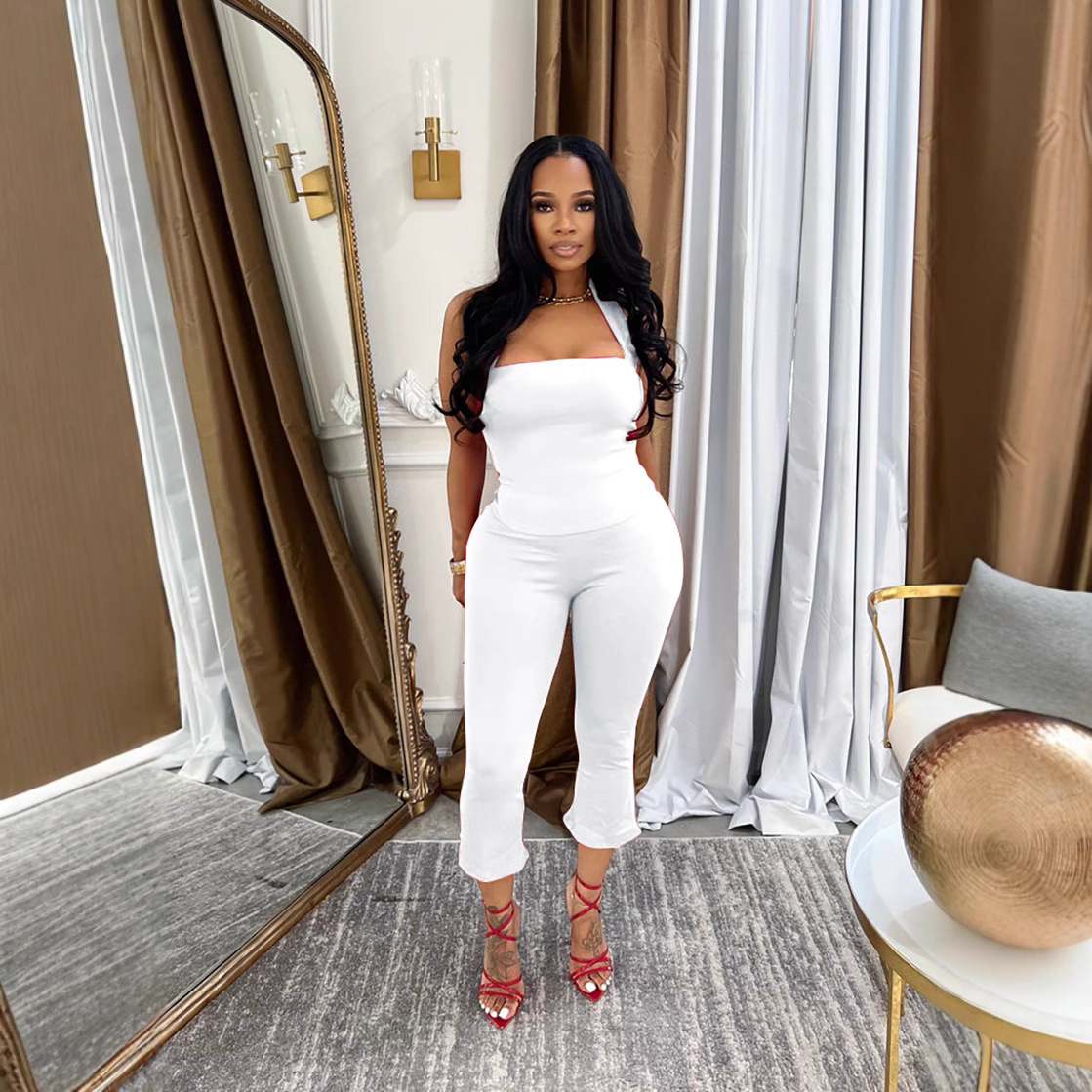 Women Spring Backless Halter Neck Sleeveless Vest and Pants Two Piece Set