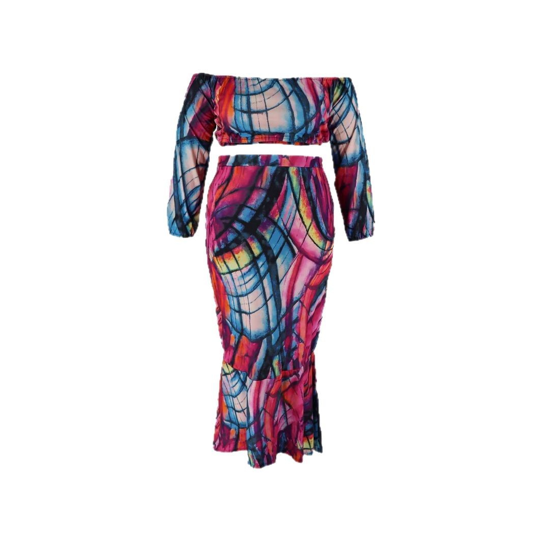 Plus Size Summer Women Casual Bohemian Style Printed Off-Shoulder Top and Skirt Two Piece Set